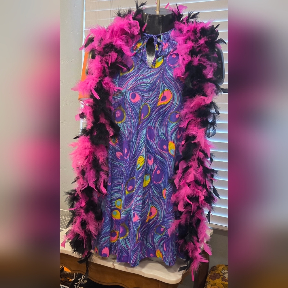 VTG Peacock Feather Print Dress with Feather Boa- Halloween Costume